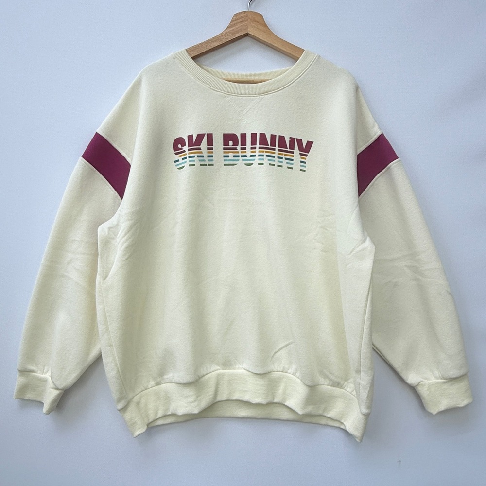 NEW Wildfox Women XL Sweatshirt Snow White Ski Bunny Graphic Retro Stripe Kawaii